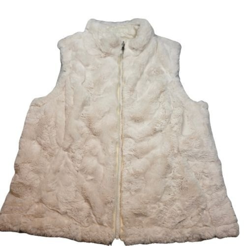 Reversible White Faux Fur Quilted Puffer Vest‎ M Full Zip Stand Collar Boutique